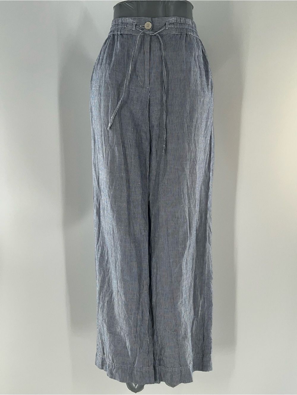 Talbots Blue/White Pinstripe Wide-Leg Linen/Cotton Summer Drawstring Chinos-Sz 6